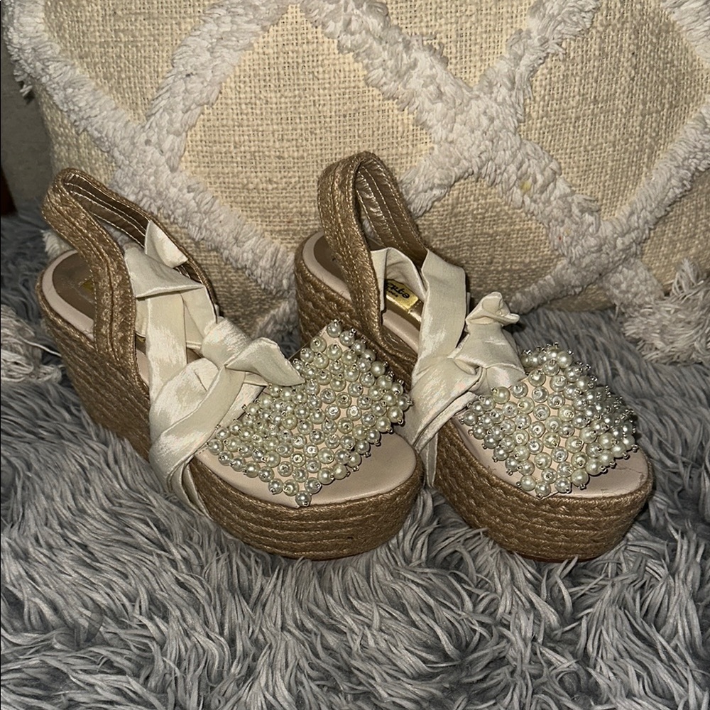 Cream and White Platform Shoes with Floral Embellishments